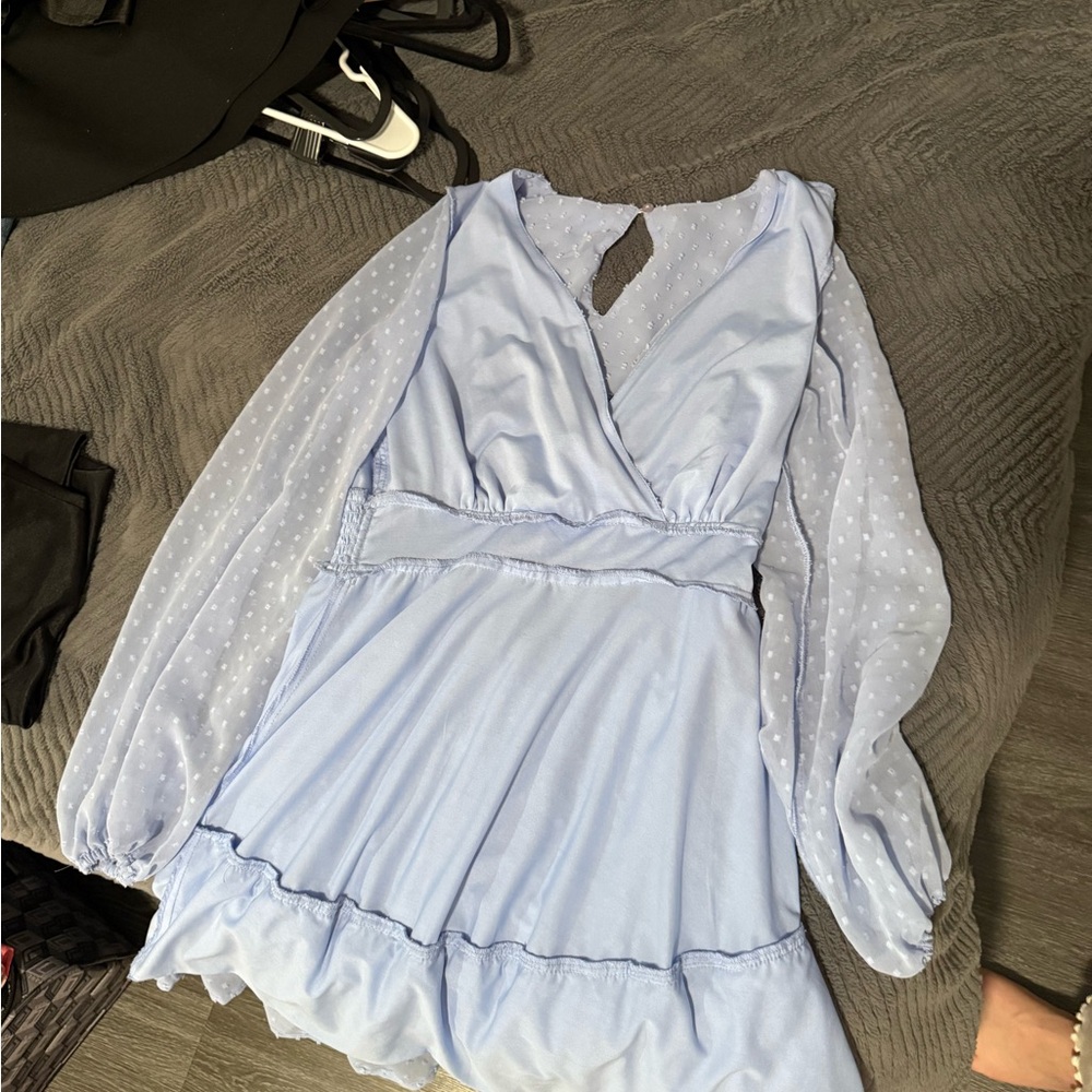 Elegant Light Blue Dress with Sheer Sleeves